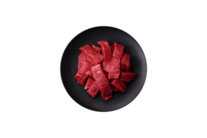 Juicy fresh raw beef meat with salt, spices and herbs png