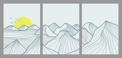 Set of Mountain line art landscape illustration. Creative minimalist modern line art pattern. Abstract contemporary aesthetic backgrounds landscapes vector