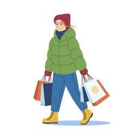 Woman in winter clothes going with a lot of bags, preparing presents for winter holiday. winter season shopping. Flat design. Vector illustration isolated on white background