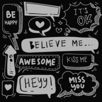 Set of cute speech bubble in doodle style isolated on black background, Vector hand drawn set speech bubble theme. Vector illustration