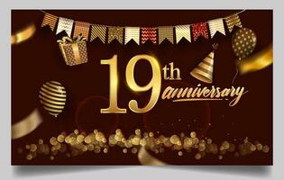 50th years anniversary design for greeting cards and invitation, with balloon, confetti and gift box, elegant design with gold and dark color, design template for birthday celebration. vector