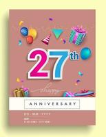 27 años aniversario invitación diseño, con regalo caja y globos, cinta, vistoso vector modelo elementos para cumpleaños celebracion fiesta.