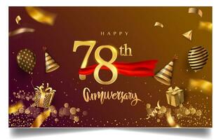 70 años aniversario diseño para saludo tarjetas y invitación, con globo, papel picado y regalo caja, elegante diseño con oro y oscuro color, diseño modelo para cumpleaños celebracion. vector