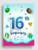 10th Years Anniversary invitation Design, with gift box and balloons, ribbon, Colorful Vector template elements for birthday celebration party.
