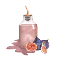 Hand-drawn watercolor illustration. Glass bottle with fig lemonade standing in a puddle of lemonade and also some fresh, ripe figs and slices next to the bottle png