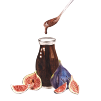 Hand-drawn watercolor illustration. Glass bottle with fig syrup, a spoon with dripping syrup and also some fresh, ripe figs and slices next to the bottle png