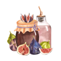 Hand-drawn watercolor illustration. Fig jam and lemonade in glass jars and bottle and also some ripe fresh figs and slices next to them png