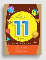 11 años aniversario invitación diseño, con regalo caja y globos, cinta, vistoso vector modelo elementos para cumpleaños celebracion fiesta.