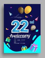 22nd Years Anniversary invitation Design, with gift box and balloons, ribbon, Colorful Vector template elements for birthday celebration party.