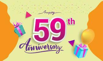 59th Years Anniversary Celebration Design, with gift box and balloons, ribbon, Colorful Vector template elements for your birthday celebrating party.