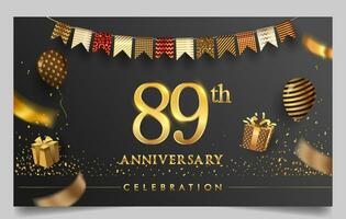 80 años aniversario diseño para saludo tarjetas y invitación, con globo, papel picado y regalo caja, elegante diseño con oro y oscuro color, diseño modelo para cumpleaños celebracion. vector