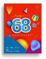 68th Years Anniversary invitation Design, with gift box and balloons, ribbon, Colorful Vector template elements for birthday celebration party.