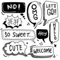 Set of cute speech bubble in doodle style isolated on white background, Vector hand drawn set speech bubble theme. Vector illustration