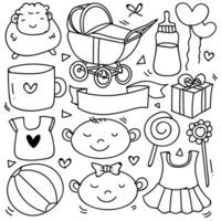 Baby and newborn doodle for icon, banner. Cartoon sketch style doodle with baby girl and boy toy, food, ball, balloon, moon, star, milk bottle, birthday elements. hand drawn and Vector illustration