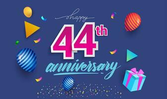 44th Years Anniversary Celebration Design, with gift box and balloons, ribbon, Colorful Vector template elements for your birthday celebrating party.