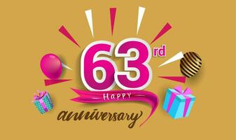 63rd Years Anniversary Celebration Design, with gift box and balloons, ribbon, Colorful Vector template elements for your birthday celebrating party.