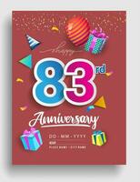 83rd Years Anniversary invitation Design, with gift box and balloons, ribbon, Colorful Vector template elements for birthday celebration party.