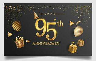 90th years anniversary design for greeting cards and invitation, with balloon, confetti and gift box, elegant design with gold and dark color, design template for birthday celebration. vector