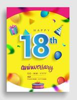 10th Years Anniversary invitation Design, with gift box and balloons, ribbon, Colorful Vector template elements for birthday celebration party.