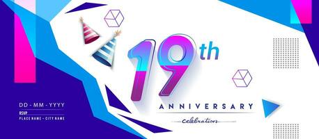 19th years anniversary logo, vector design birthday celebration with colorful geometric background and circles shape.