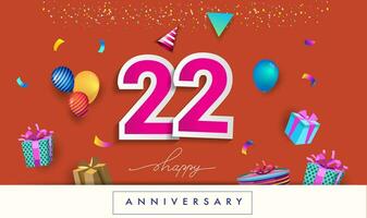 22nd Years Anniversary Celebration Design, with gift box and balloons, ribbon, Colorful Vector template elements for your birthday celebrating party.