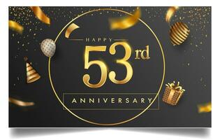 50th years anniversary design for greeting cards and invitation, with balloon, confetti and gift box, elegant design with gold and dark color, design template for birthday celebration. vector