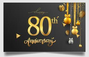 80th years anniversary design for greeting cards and invitation, with balloon, confetti and gift box, elegant design with gold and dark color, design template for birthday celebration. vector