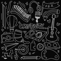 Hand drawn of creativity in doodle style isolated on black background, Vector hand drawn set creativity theme. Vector illustration