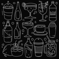 Hand drawn of beverages in doodle style isolated on black background, Vector hand drawn set beverages theme. Vector illustration