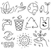 Set of hand drawn ecology, ecology problem and green energy icons in doodle style, vector illustration