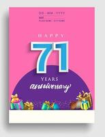 71st Years Anniversary invitation Design, with gift box and balloons, ribbon, Colorful Vector template elements for birthday celebration party.