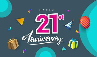 21st Years Anniversary Celebration Design, with gift box and balloons, ribbon, Colorful Vector template elements for your birthday celebrating party.