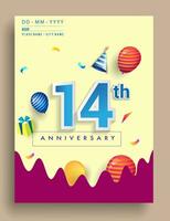 14th Years Anniversary invitation Design, with gift box and balloons, ribbon, Colorful Vector template elements for birthday celebration party.
