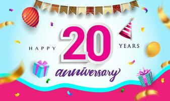 20th Years Anniversary Celebration Design, with gift box and balloons, ribbon, Colorful Vector template elements for your birthday celebrating party.