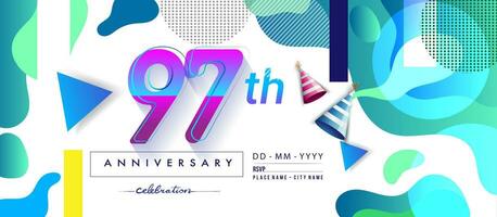 97th years anniversary logo, vector design birthday celebration with colorful geometric background and circles shape.
