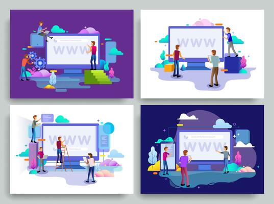 Set of landing page web design templates, business strategy, analytics and brainstorming.