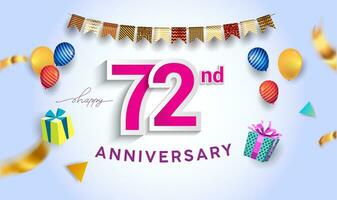 72nd Years Anniversary Celebration Design, with gift box and balloons, ribbon, Colorful Vector template elements for your birthday celebrating party.