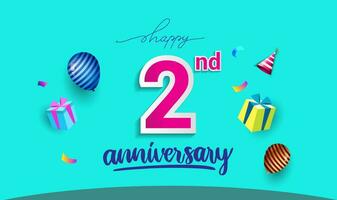 2ndth Years Anniversary Celebration Design, with gift box and balloons, ribbon, Colorful Vector template elements for your birthday celebrating party.