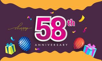 58th Years Anniversary Celebration Design, with gift box and balloons, ribbon, Colorful Vector template elements for your birthday celebrating party.
