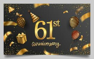 60th years anniversary design for greeting cards and invitation, with balloon, confetti and gift box, elegant design with gold and dark color, design template for birthday celebration. vector