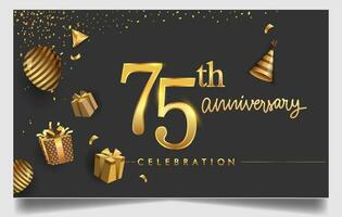 70th years anniversary design for greeting cards and invitation, with balloon, confetti and gift box, elegant design with gold and dark color, design template for birthday celebration. vector