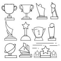 Set of Drawings Winner Trophy Theme Doodle Collection In White Isolated Background vector