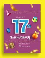 17th Years Anniversary invitation Design, with gift box and balloons, ribbon, Colorful Vector template elements for birthday celebration party.