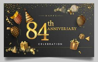 80th years anniversary design for greeting cards and invitation, with balloon, confetti and gift box, elegant design with gold and dark color, design template for birthday celebration. vector