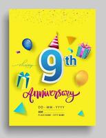 9th Years Anniversary invitation Design, with gift box and balloons, ribbon, Colorful Vector template elements for birthday celebration party.