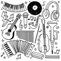 Set of hand drawn music theme isolated on white background, doodle set of Musical Instruments theme. Vector illustration