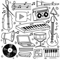 Set of hand drawn music theme isolated on white background, doodle set of Musical Instruments theme. Vector illustration