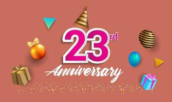 23rd Years Anniversary Celebration Design, with gift box and balloons, ribbon, Colorful Vector template elements for your birthday celebrating party.