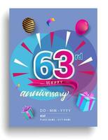 63rd Years Anniversary invitation Design, with gift box and balloons, ribbon, Colorful Vector template elements for birthday celebration party.