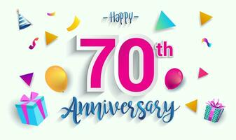 70th Years Anniversary Celebration Design, with gift box and balloons, ribbon, Colorful Vector template elements for your birthday celebrating party.